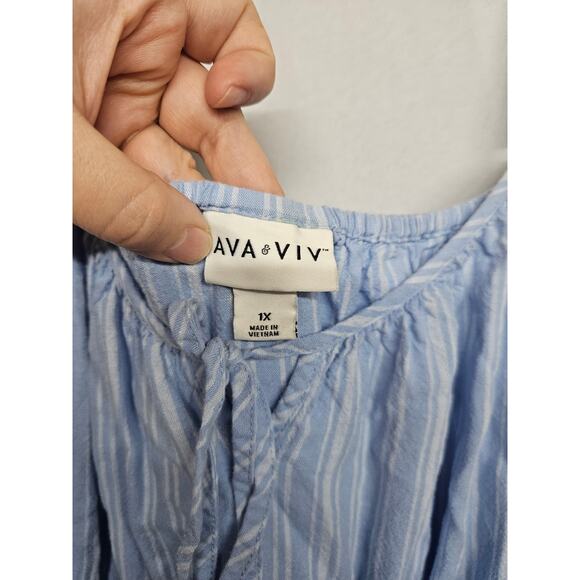 Ava & Viv 1X Linen Blend Sundress Casual Blue and White Stripe - Picture 3 of 5